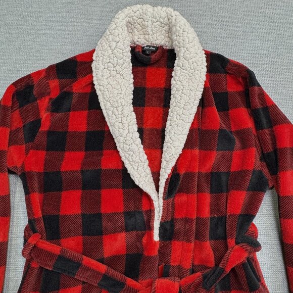 Red Black Buffalo Plaid Sherpa Fleece Robe Womens L Tie Waist Pockets Just Love - Picture 7 of 16